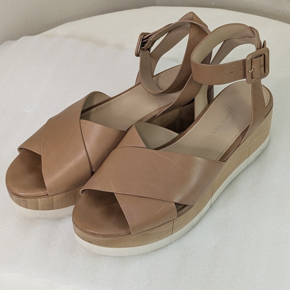 Veronica Beard Crisscross Wynie Sz 7 Tan Leather Platform Sandals